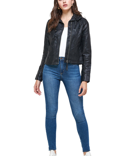 Load image into Gallery viewer, Double Buckle High Neck Vegan Leather Biker Jacket
