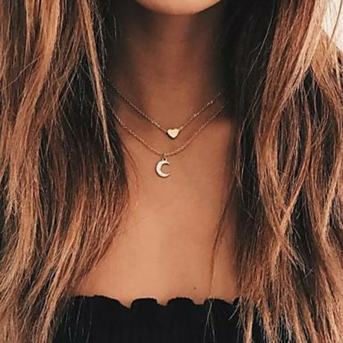 Moon and Heart Two Layer Necklace